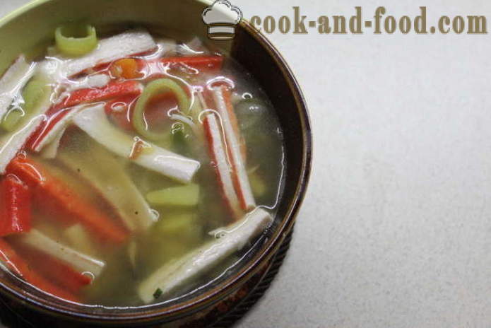 Suppe med krabbe pinner og grønnsaker - hvordan å lage mat med krabbe pinner, en trinnvis oppskrift bilder m