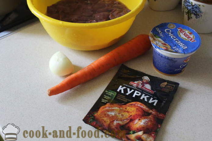 Stekt kylling lever i rømme, gulrøtter og løk - hvordan å lage en deilig kylling lever i ovnen, med en trinnvis oppskrift bilder