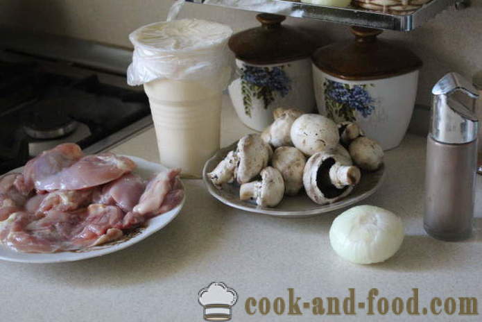 Kylling lår uten bein med sopp i ovnen - hvordan å lage en deilig kylling lår i ovnen, med en trinnvis oppskrift bilder