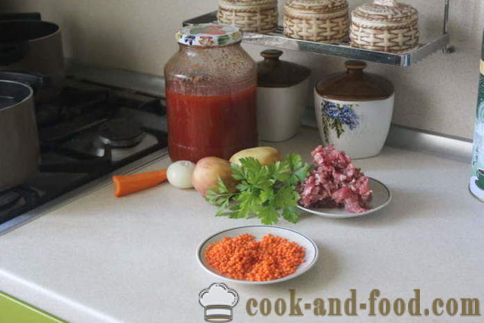 Enkel rød linsesuppe med kjøttboller og tomat - hvordan du koker suppe av røde linser, med en trinnvis oppskrift bilder