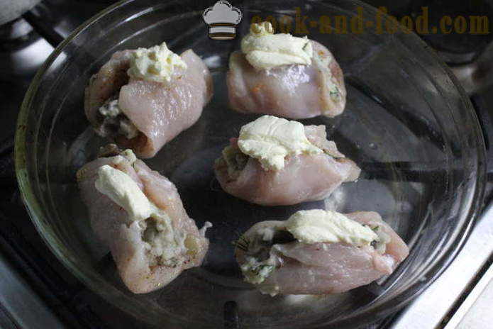 Valsede kyllingbryst fylt med sopp og poteter - hvordan å lage ruller av kylling, med en trinnvis oppskrift bilder