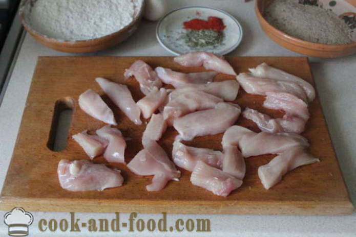 Nuggets av kyllingbryst panerte og stekt i en panne - hvordan å lage kylling nuggets fra huset, steg for steg oppskrift bilder