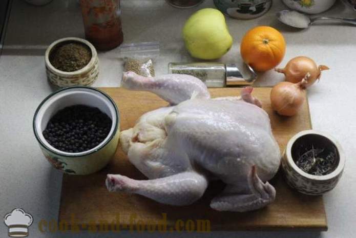 Kyllingen i ovnen hele, med epler og appelsiner - så deilig bakt kylling i ovnen hele, en trinnvis oppskrift bilder