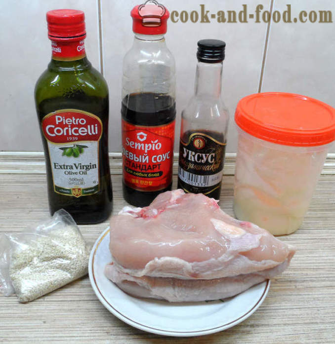 Deilig kylling med sesamfrø og soyasaus - både deilig å koke kylling i ovnen, med en trinnvis oppskrift bilder