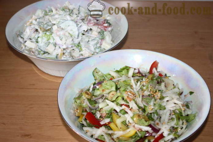 Salat med grønnsaker og mozzarella - Hvordan lage en salat med grønnsaker og ost, med en trinnvis oppskrift bilder