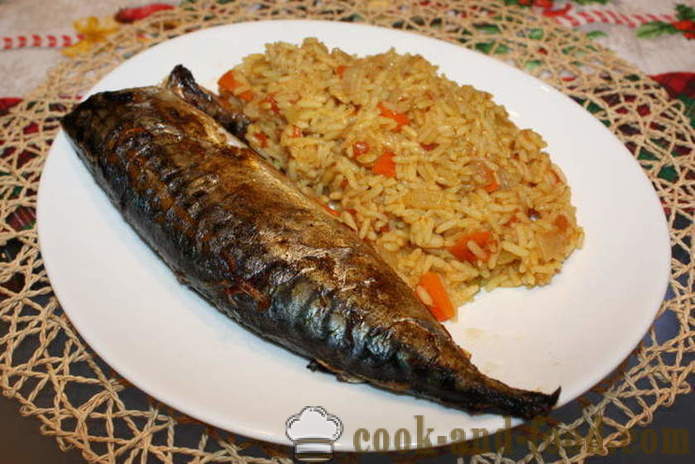Makrell fylt løk i ovnen - hvordan å lage mat makrell med ris, en trinnvis oppskrift bilder