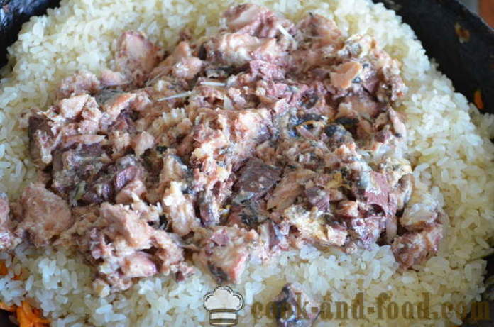 Mager fisk pilaf - hvordan å lage risotto med fisk på boks, trinnvis oppskrift bilder