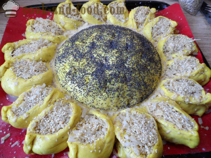 Kjøtt snack-kake Sunflower - hvordan å lage en gjær kake, solsikke, trinnvis oppskrift bilder