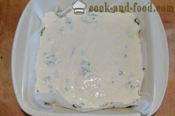 Rask fyllstoff kake på yoghurt med spinat, egg og grønn løk - hvordan man skal fremstille jellied kake med kefir, en trinnvis oppskrift bilder