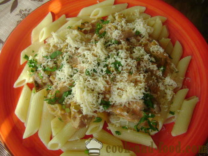 Pasta i fløtesaus med sopp, purre og tomat - hvordan å lage mat sopp med pasta velsmakende, med en trinnvis oppskrift bilder