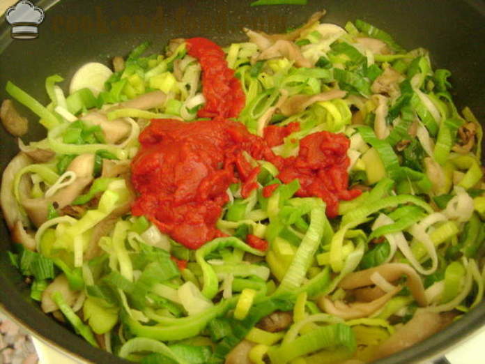 Pasta i fløtesaus med sopp, purre og tomat - hvordan å lage mat sopp med pasta velsmakende, med en trinnvis oppskrift bilder