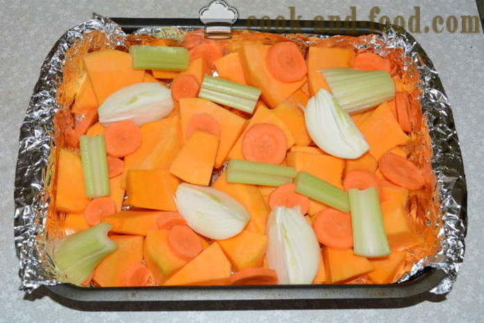 Kremen av gresskar, gulrøtter og selleri uten fløte - hvordan å lage en deilig gresskar suppe, en trinnvis oppskrift bilder