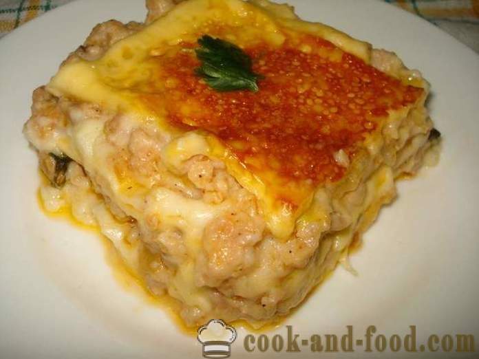 Fast Lasagne med kjøttdeig kylling uten test - hvordan å lage lasagne uten testen, trinnvis oppskrift bilder