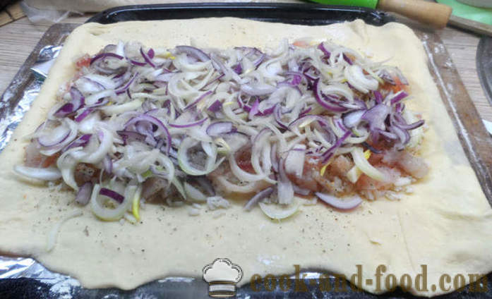 Gjær kake med fisk og ris og fersk fisk - hvordan å lage en kake med fisk i ovnen, med en trinnvis oppskrift bilder