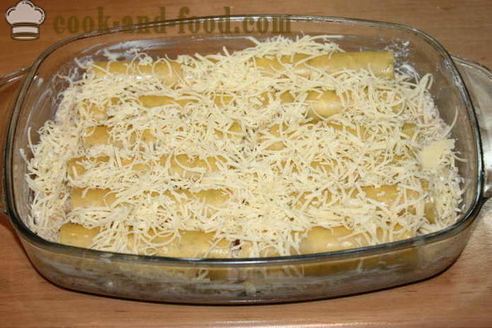 Cannelloni med stuffing i ovnen i en kremet saus - hvordan å lage cannelloni med kjøttdeig i ovnen, med en trinnvis oppskrift bilder