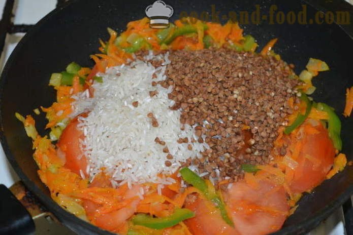 Kasha: Bokhvete med ris og grønnsaker i en stekepanne - hvordan å lage mat bokhvete med ris garnityr sammen, trinnvis oppskrift bilder