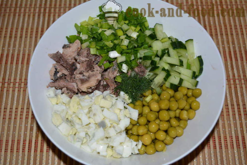 Salat med hermetisert tunfisk og majones - hvordan man skal fremstille en salat med hermetisert tunfisk, trinnvise oppskrift bilder