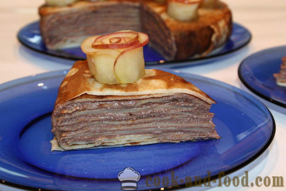 Pannekake kake med kremost og eple roser - hvordan å lage en pannekake kake med ostemasse, en trinnvis oppskrift bilder