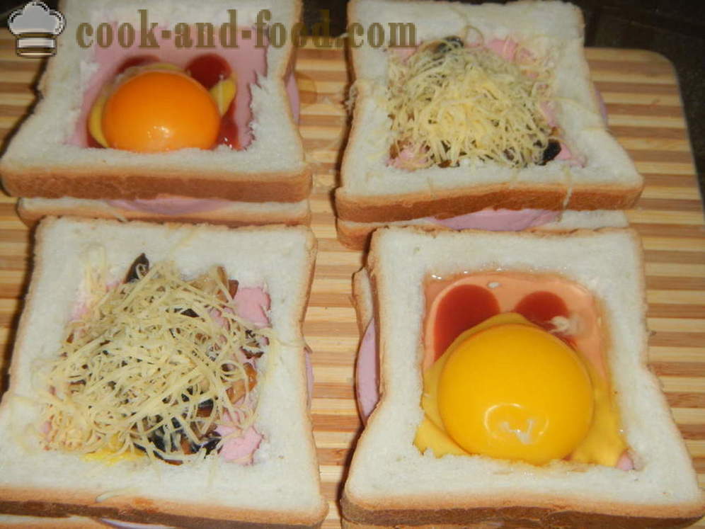 Hot smørbrød med egg i ovnen - hvordan å lage en varm sandwich med egg, pølse og sopp, en trinnvis oppskrift bilder