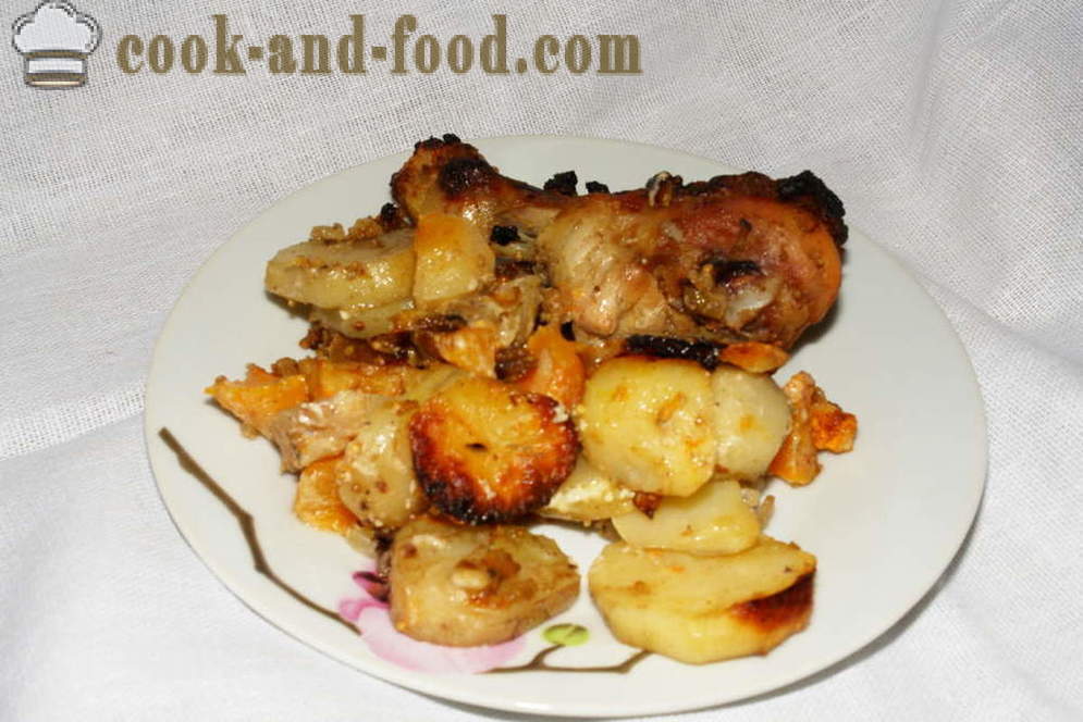 Kylling i sennepsaus i ovnen - hvordan du koker en kylling i ovnen med poteter og gresskar, med en trinnvis oppskrift bilder