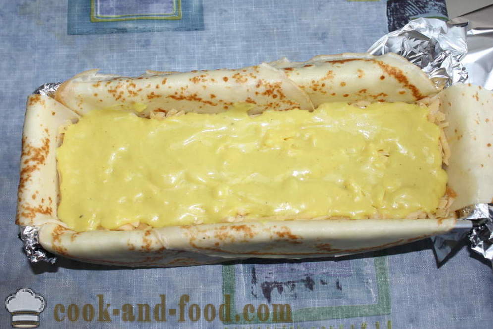 Pannekake pai med sopp, ost og grønnsaker i ovn - steg for steg hvordan du skal lage en pannekake kake oppskrift med bilde