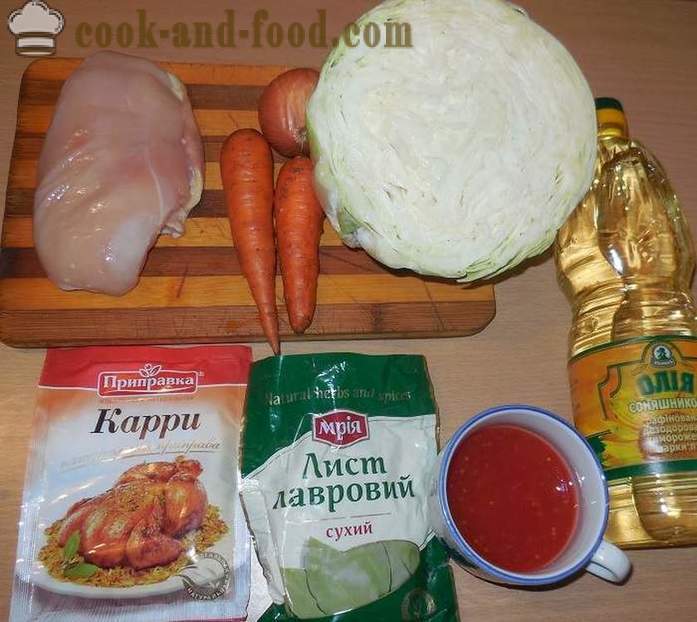 Stekt kål med kylling, grønnsaker og karri - hvordan å lage mat stuet kål med kjøtt kylling - en trinnvis oppskrift bilder