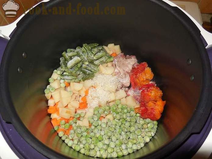 Deilig grønnsakssuppe med kjøtt i multivarka - en trinnvis oppskrift med bilder hvordan å lage mat grønnsakssuppe med frosne erter og grønne bønner