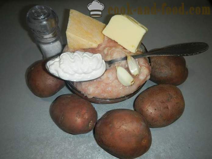 Bakte poteter med kjøttdeig og ost - som bakte poteter i ovnen, oppskriften trinn for trinn med bilder.