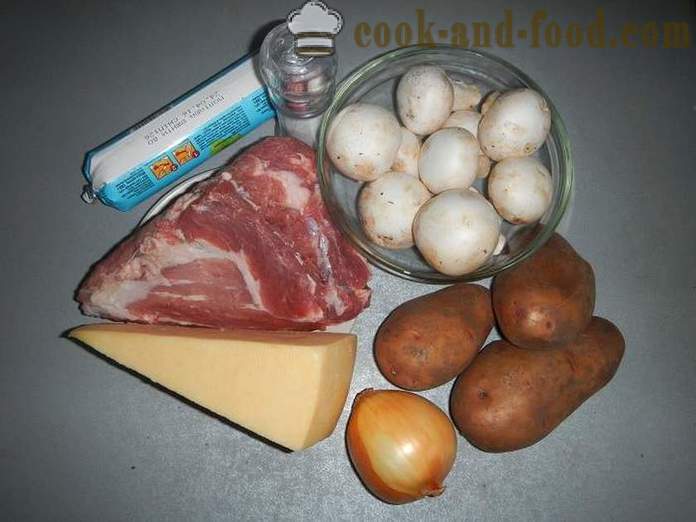 Poteter i fransk i ovnen - en foto-oppskrift hvordan å lage poteter på fransk med svinekjøtt og sopp